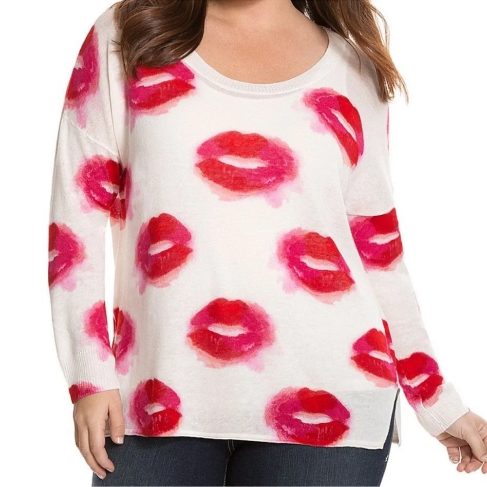 NTM: Lane Bryant Off White, Red & Pink Lipstick Lips Sweater Sz 26/28